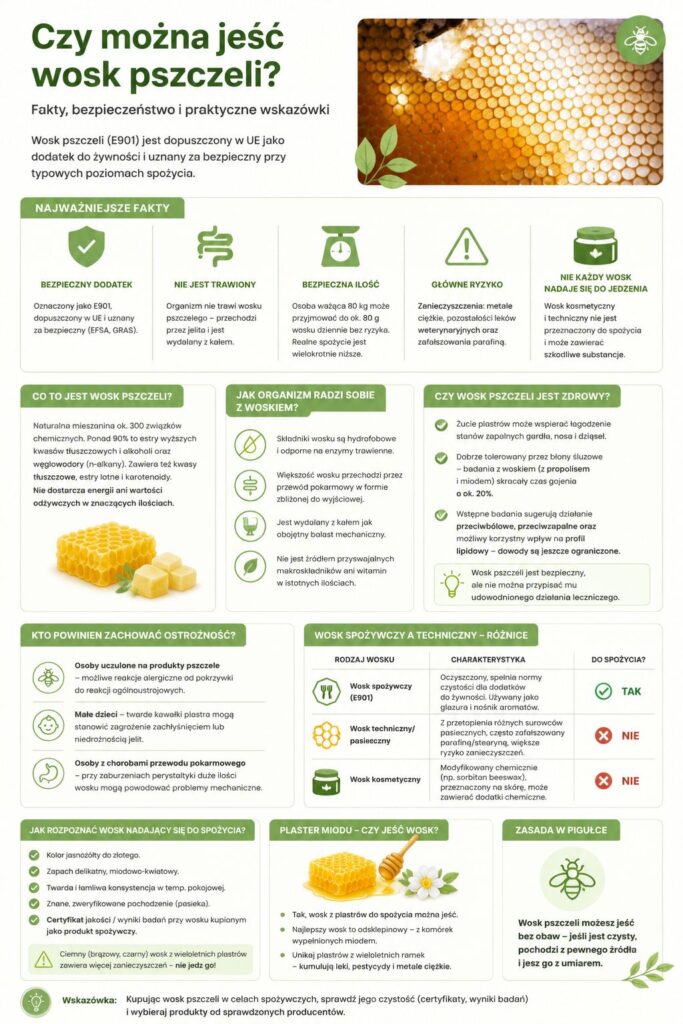 Infografika podsumowująca informacje o wosku pszczelim
